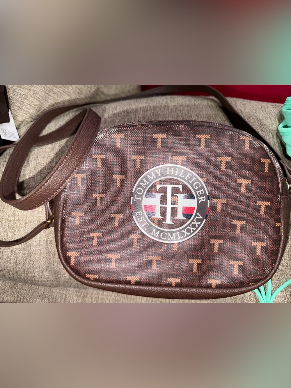 Tommy Hilfiger Brown Monogram Messenger Bag with Signature Crest